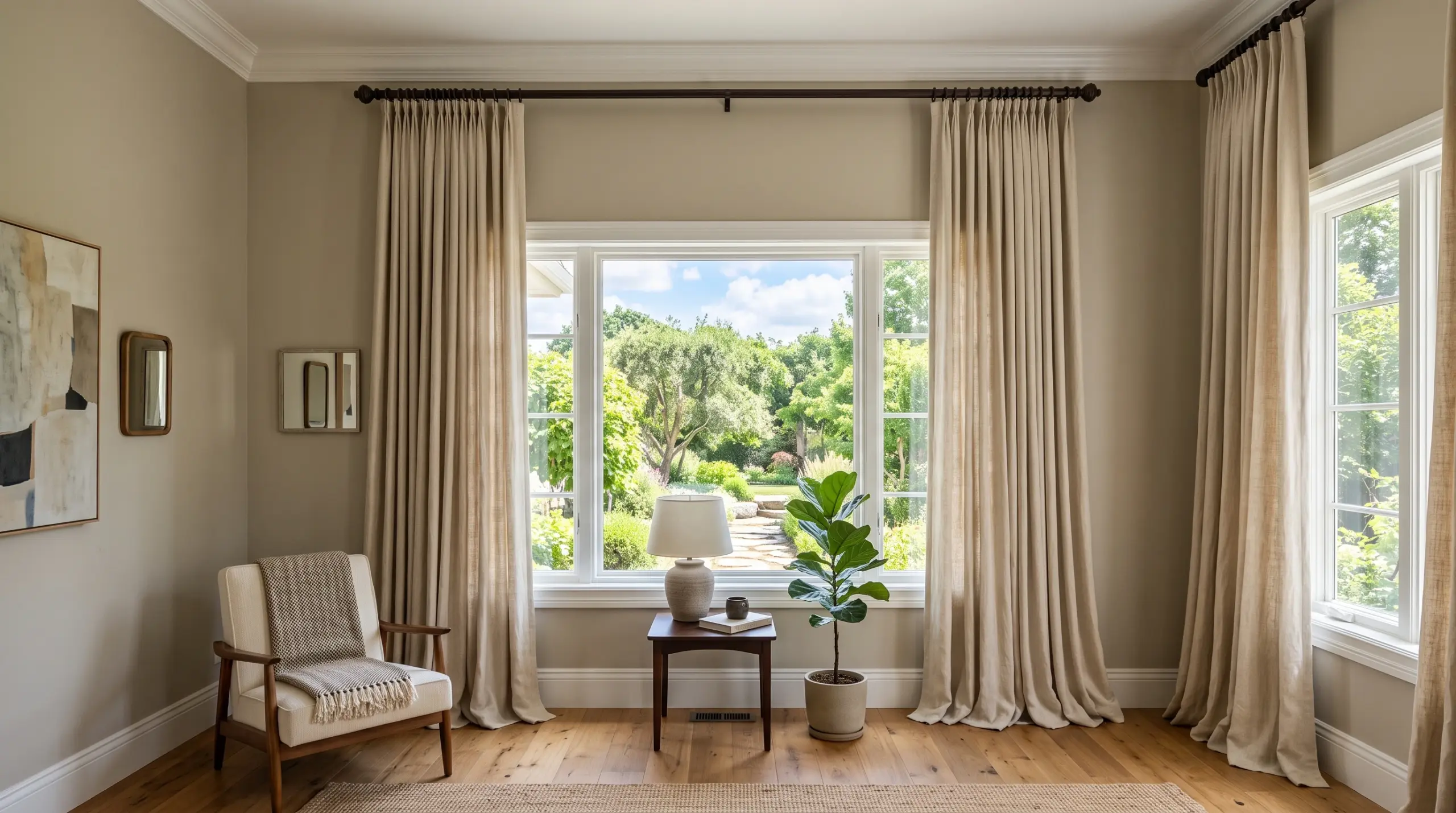 Floor-to-ceiling curtains installed higher than windows in a Dubai apartment