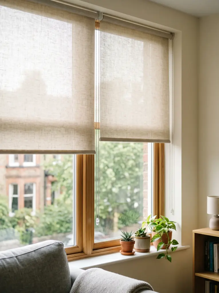 Charcoal gray motorized roller blind custom-fitted to a large modern living room window.