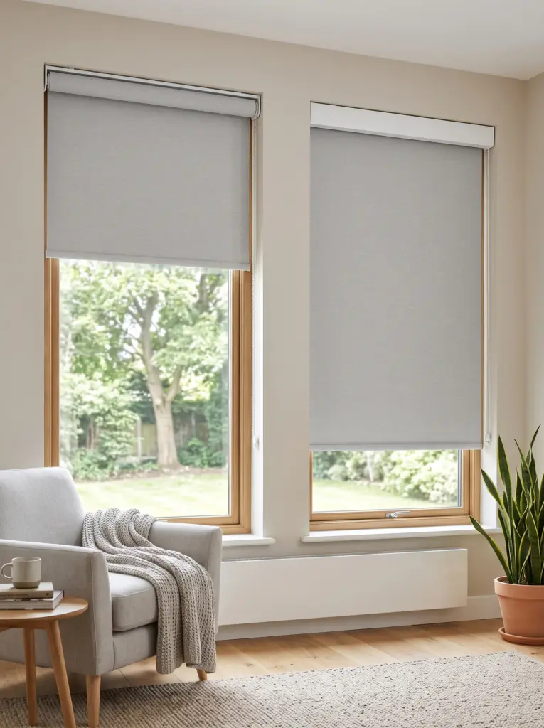 Dual roller blind system showing a layered sheer fabric shade over a dark gray blackout shade.