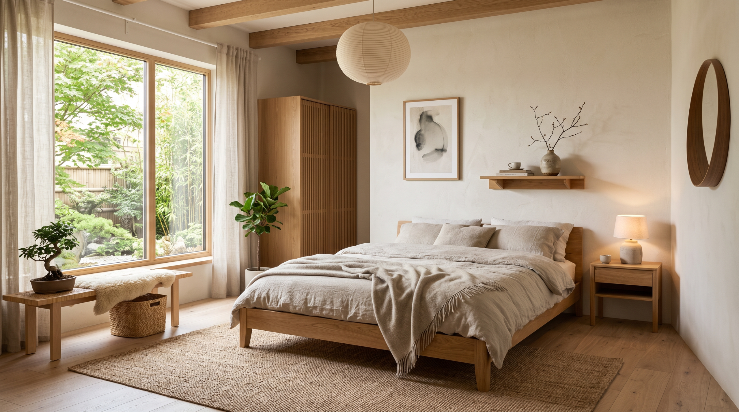 Japandi bedroom design with warm neutral tones and natural wood in Dubai