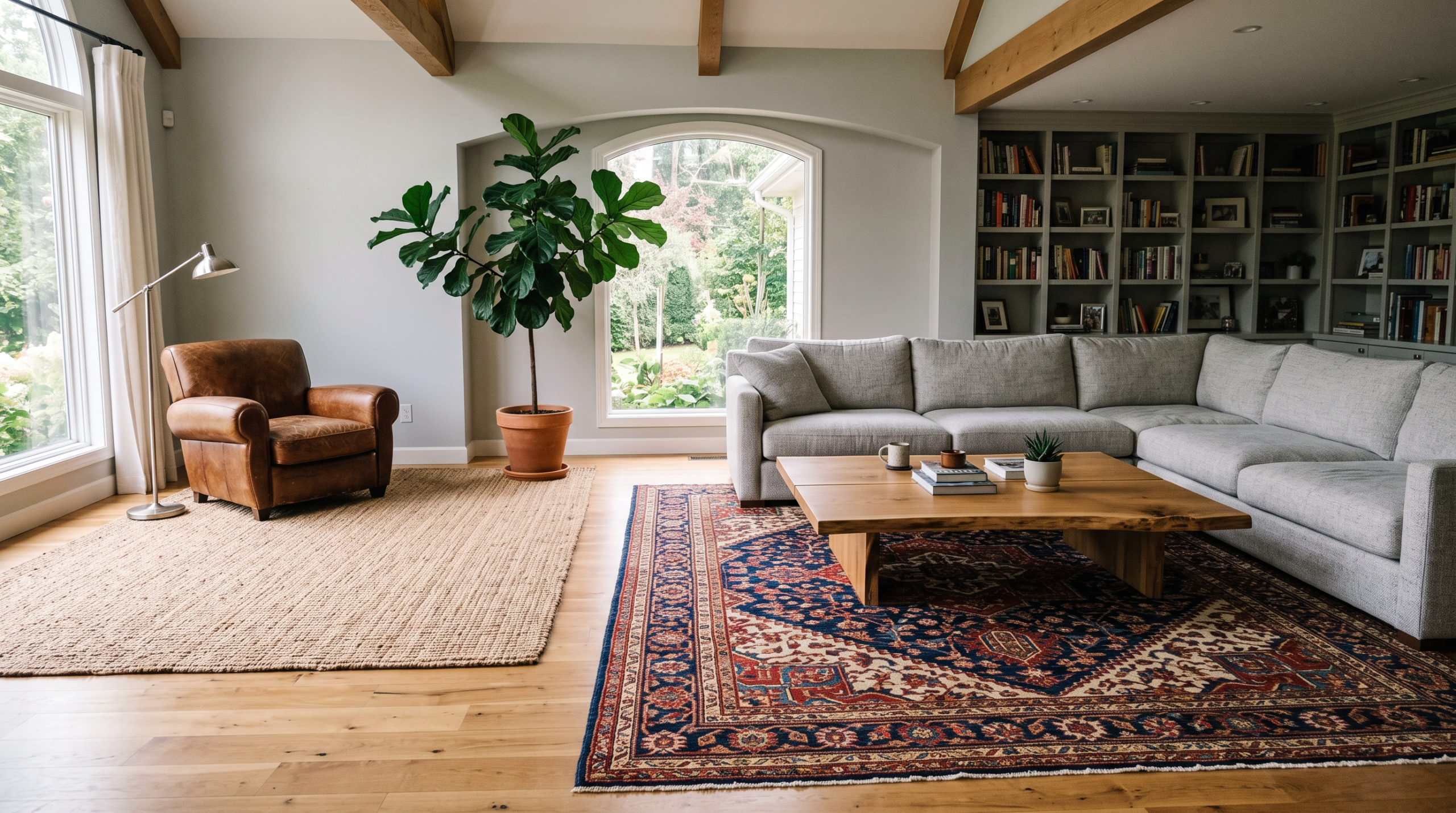 Large rug positioned under sofa and coffee table in a spacious living room