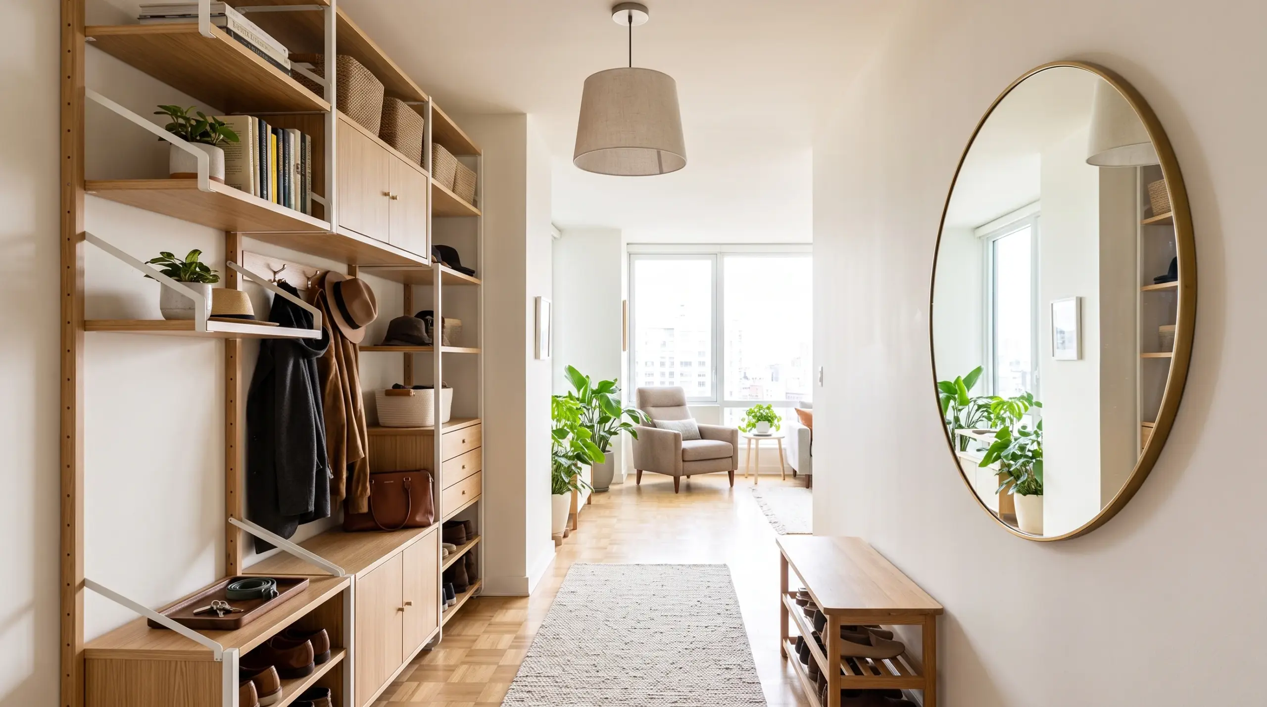 Mirrors and vertical storage helping maximise space in a small Dubai apartment