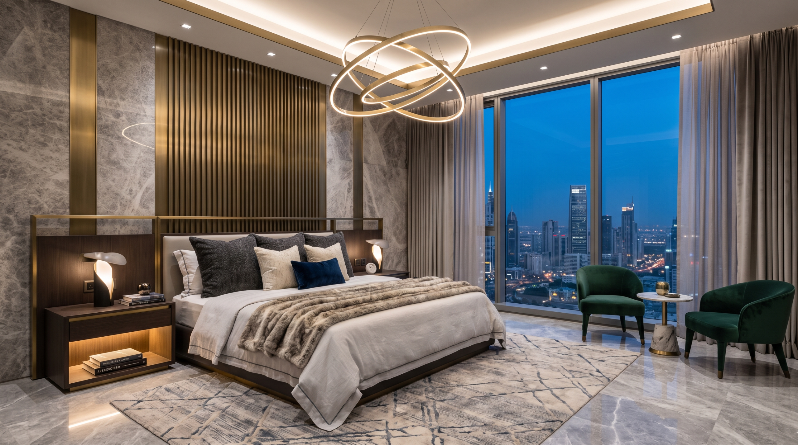 Modern luxury bedroom with sophisticated finishes and layered lighting in Dubai