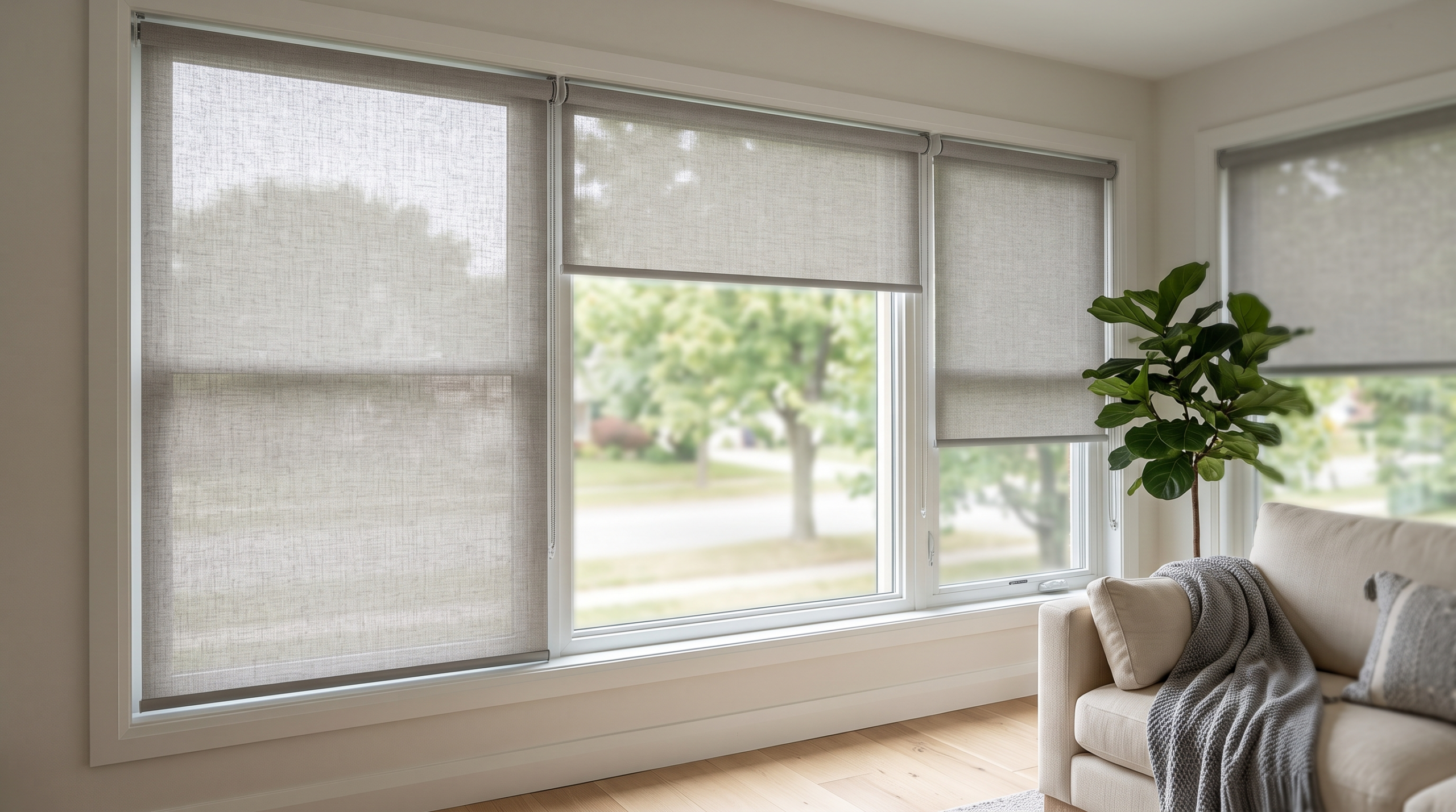 Modern window treatments with roller blinds in a Dubai villa interior