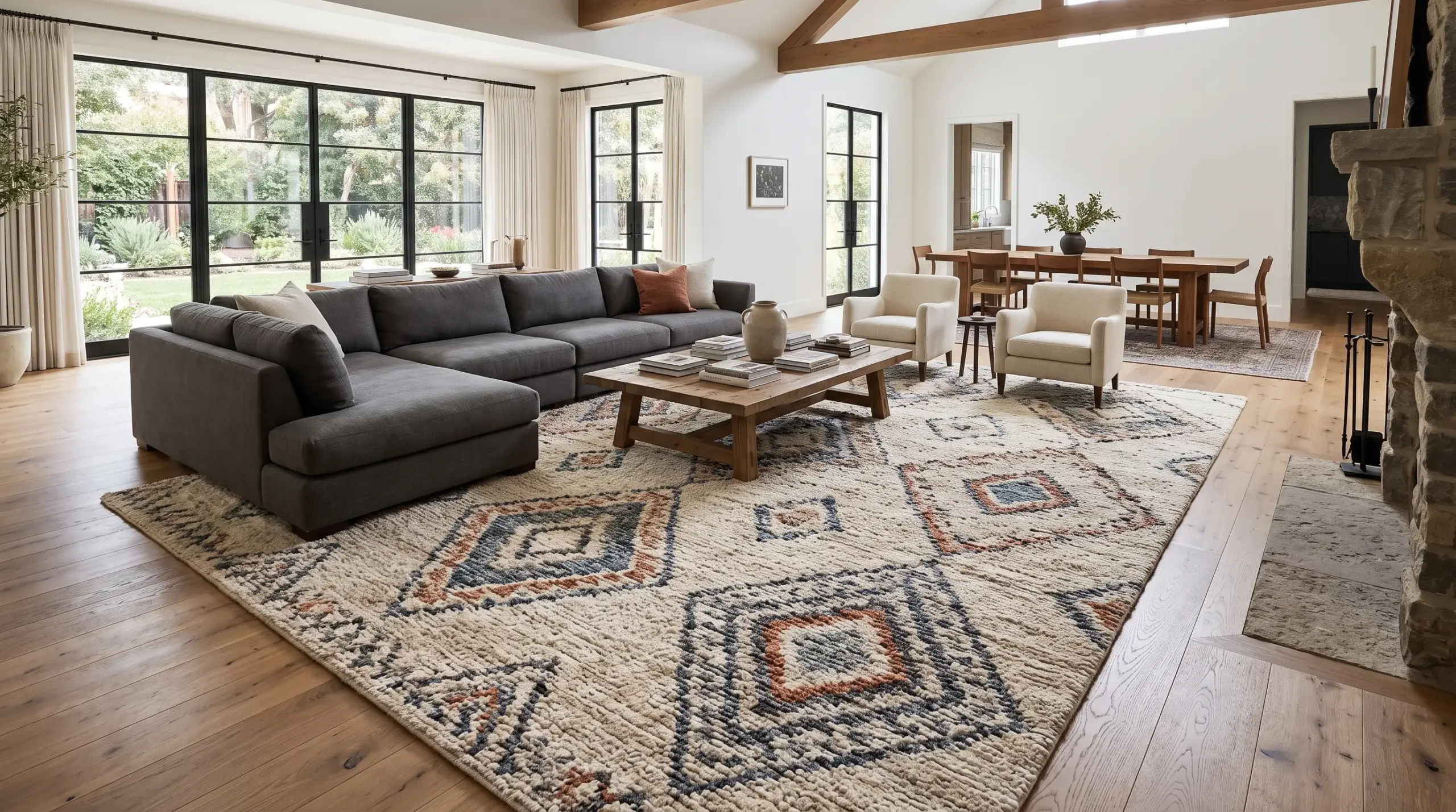 Oversized rug connecting seating furniture in a small Dubai living room