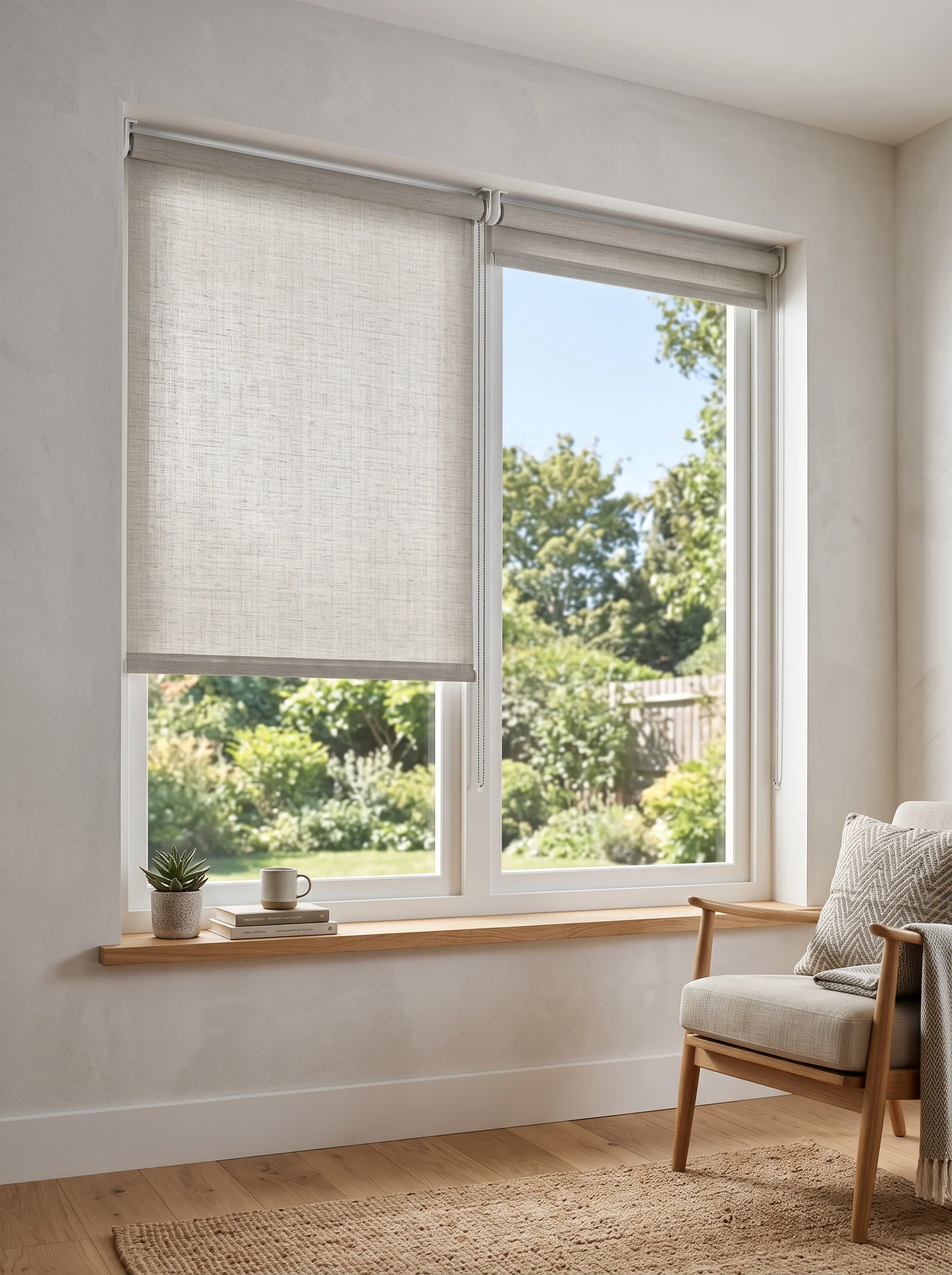 Neutral cream light-filtering translucent roller blind allowing soft natural light into a living room.