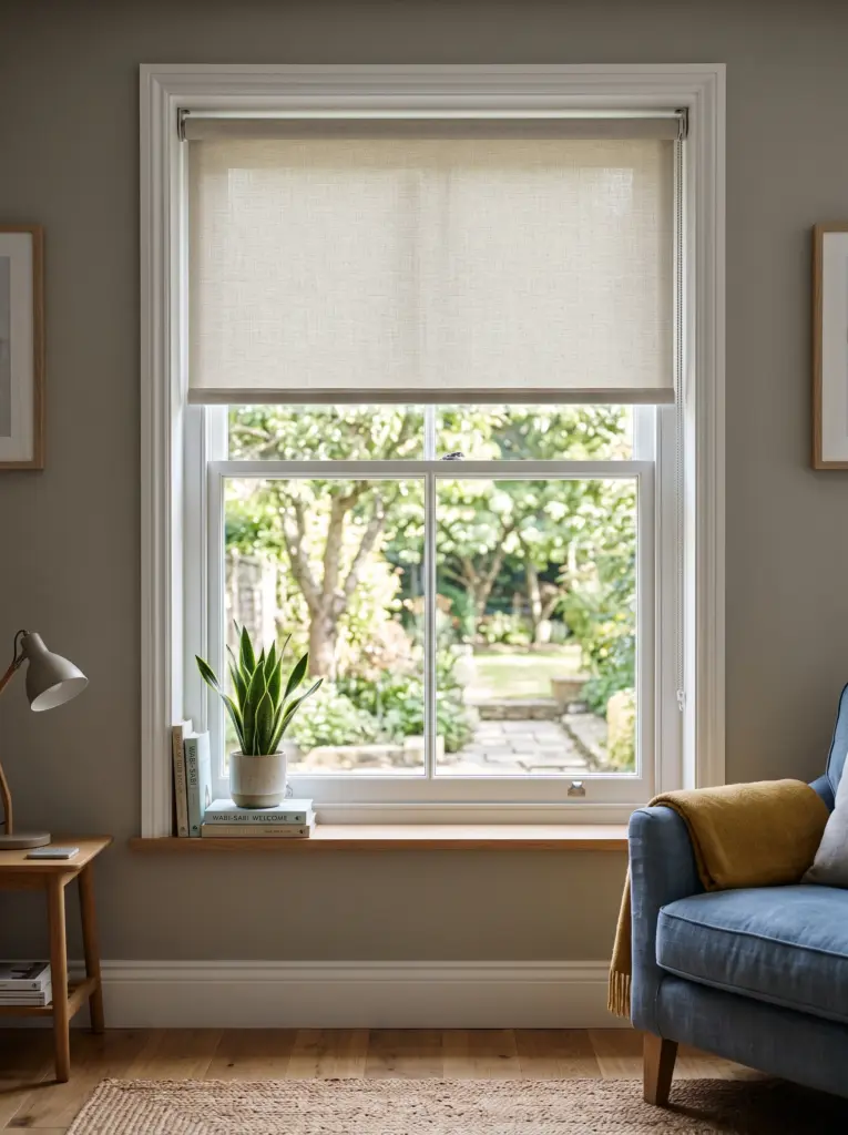 Charcoal solar screen roller blind reducing glare and UV light while maintaining outside visibility.