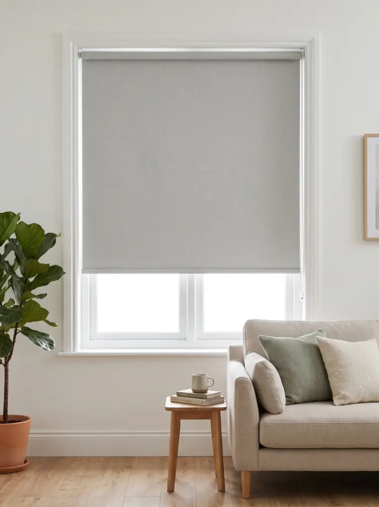 Close-up detail of textured woven beige linen fabric on a custom roller blind.