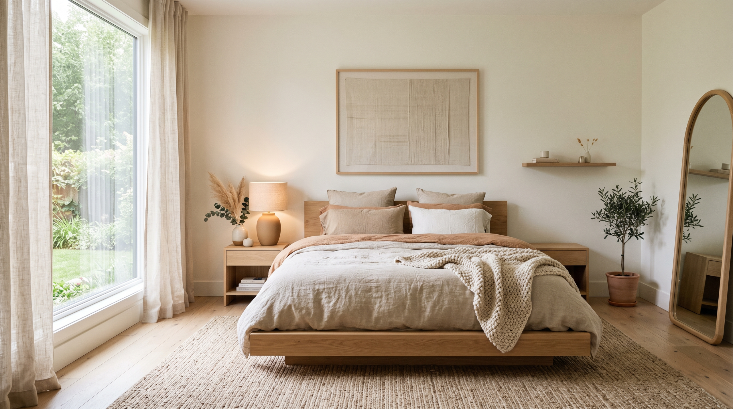 Warm minimalist bedroom with neutral colours and contemporary furnishings in Dubai