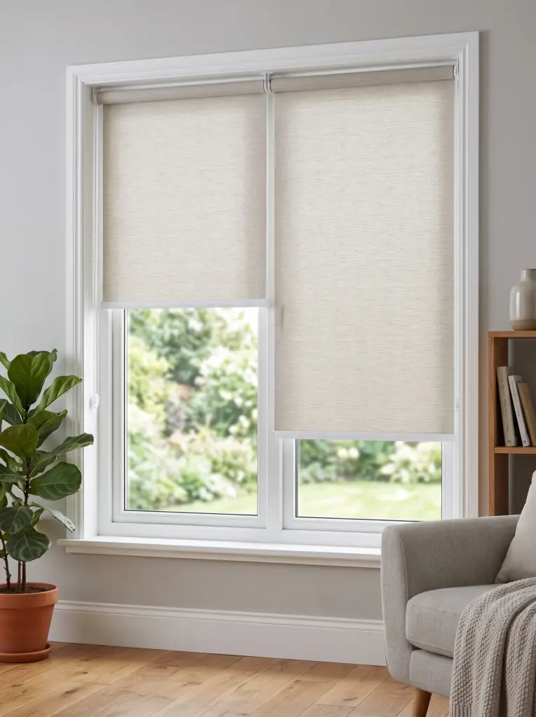 Plain white blockout roller blind installed inside a modern bedroom window frame.
