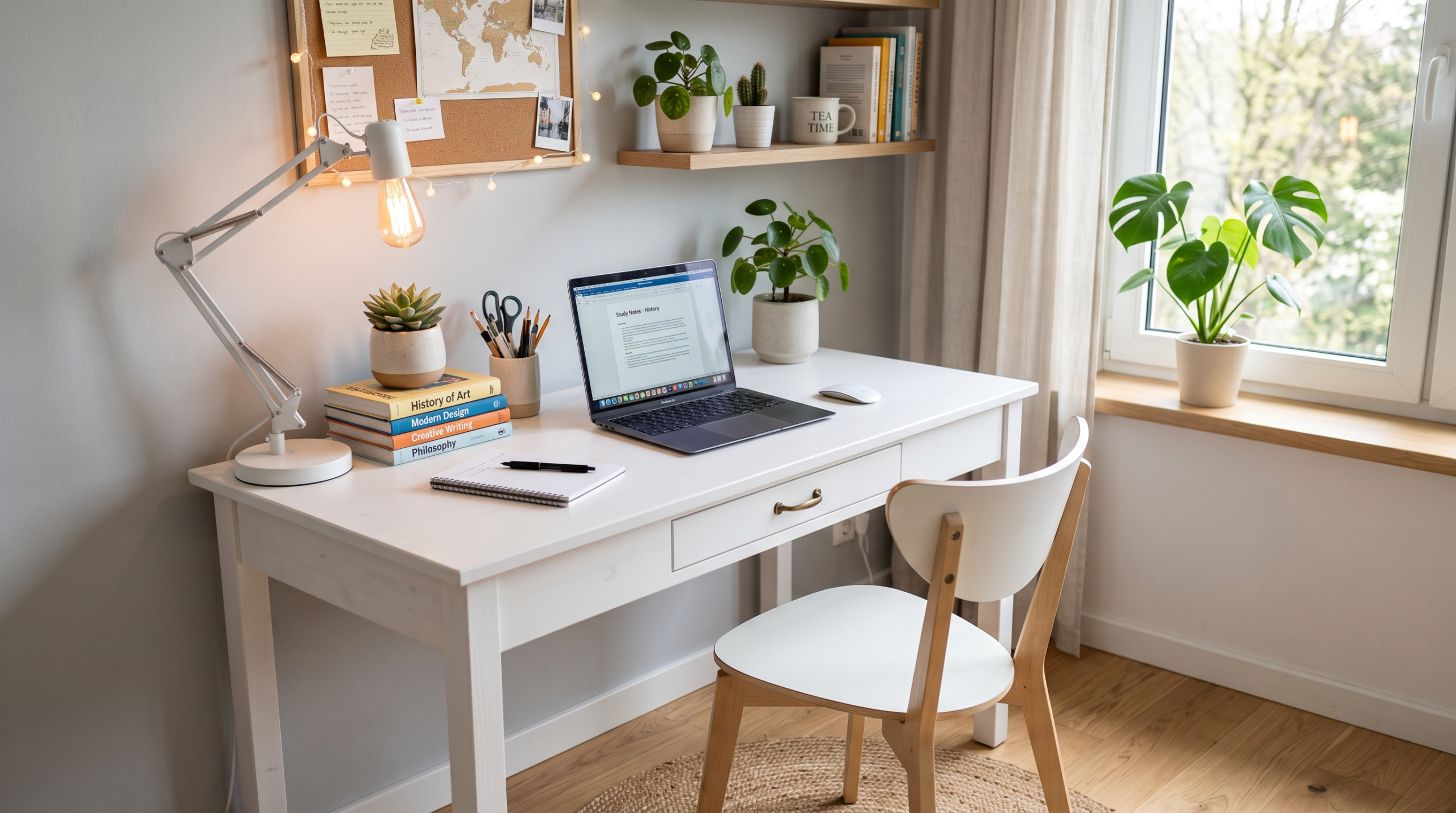 Modern white home office desk with wood flooring and neutral interior