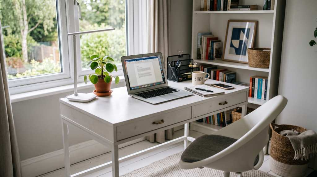 White study table for kids room in Dubai with storage and ergonomic chair