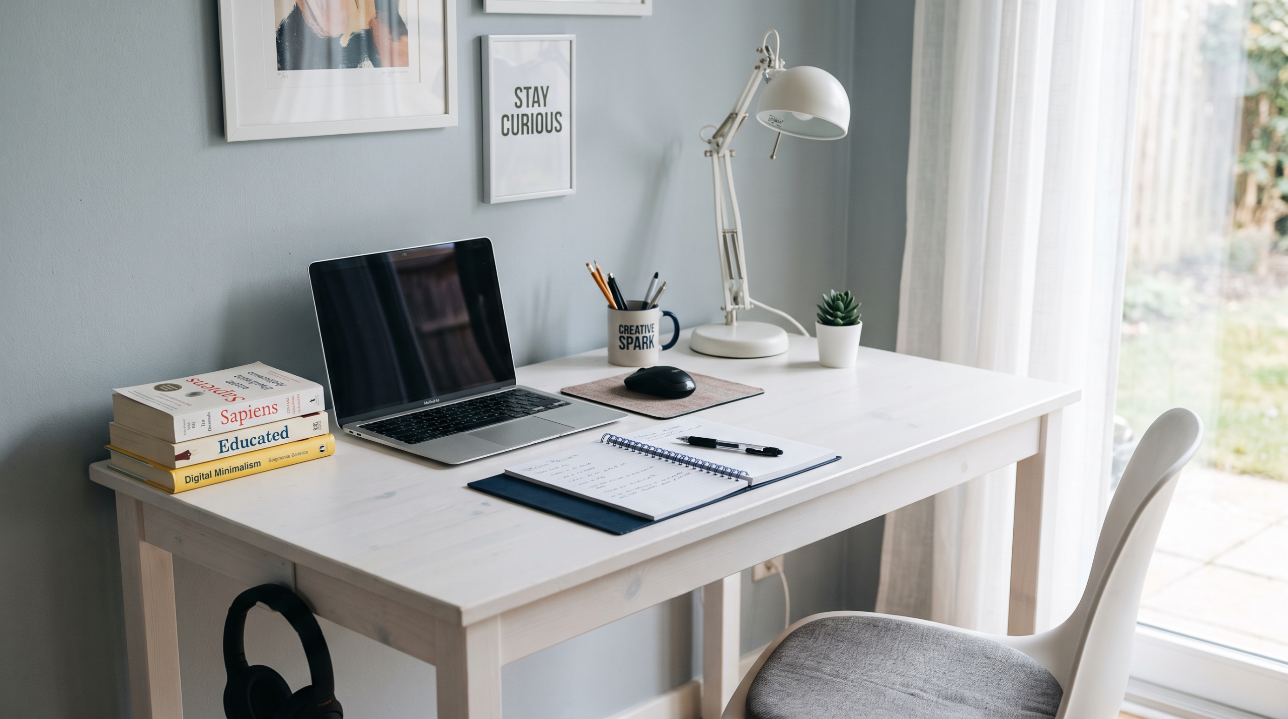 White kids study table with storage, shelves, and organized school supplies
