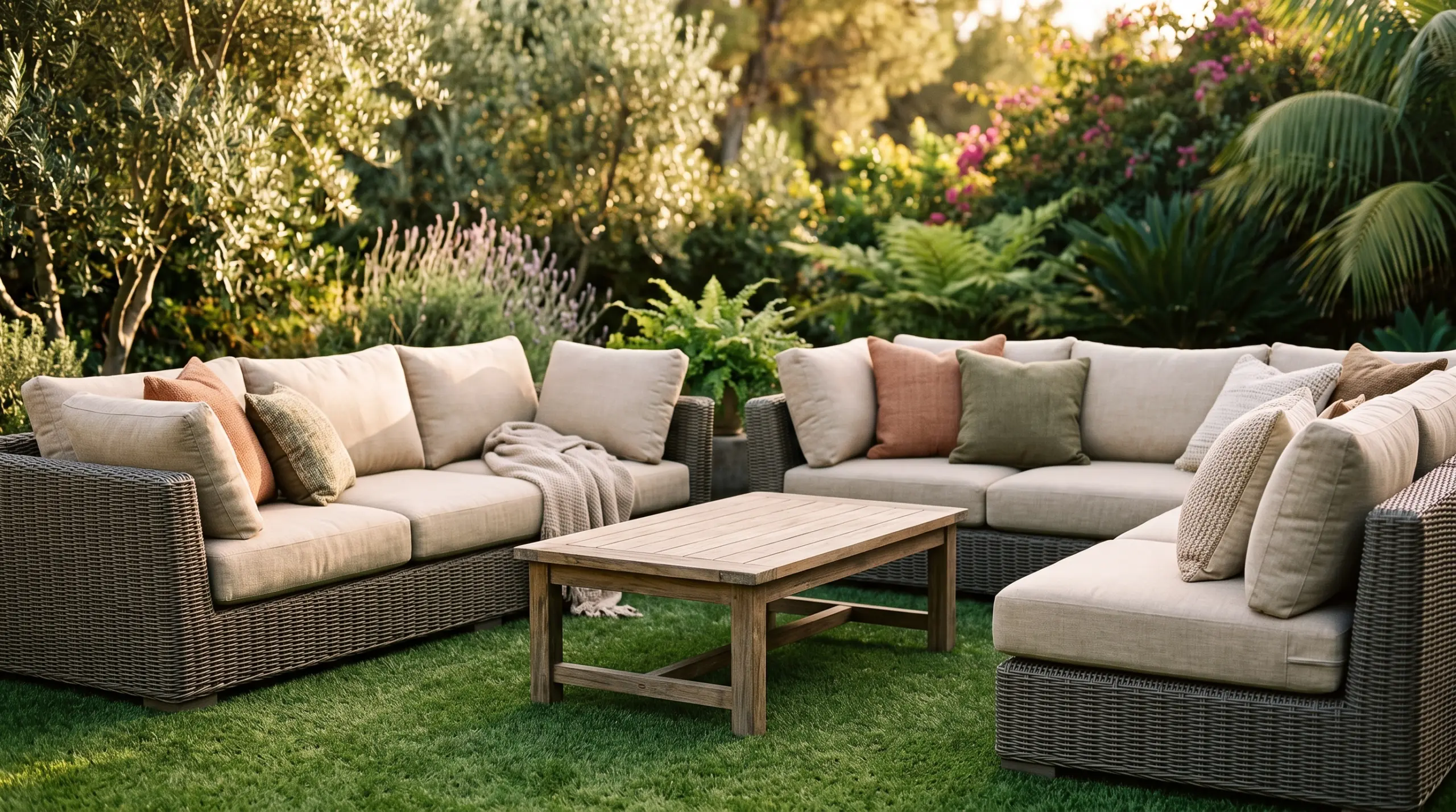 Bespoke outdoor sofas on artificial grass lawn in UAE garden