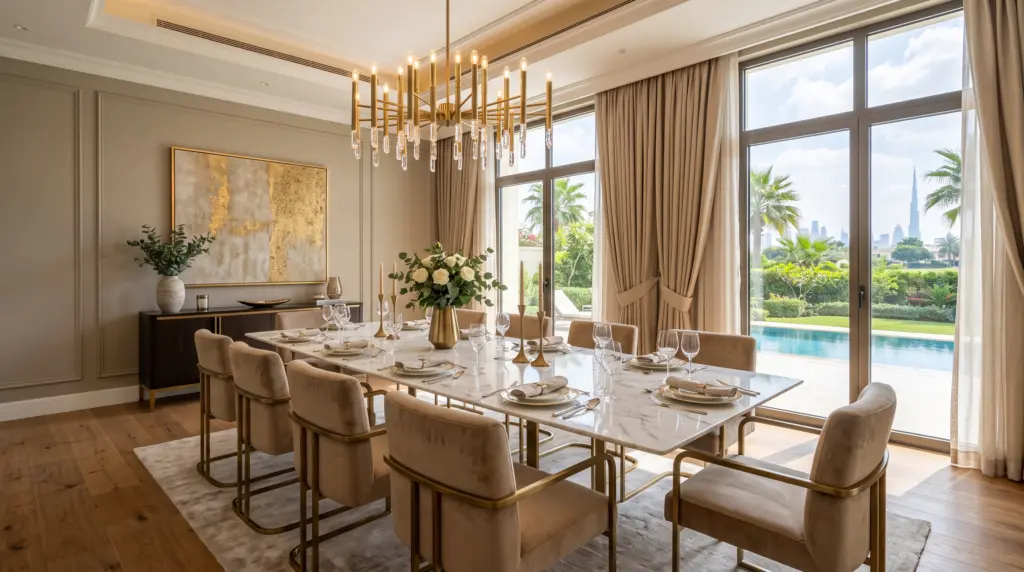 Formal dining room interior design for Emirates Hills villa – elegant marble table, soft beige chairs, brushed brass chandelier and high-end finishes by Kustom Space