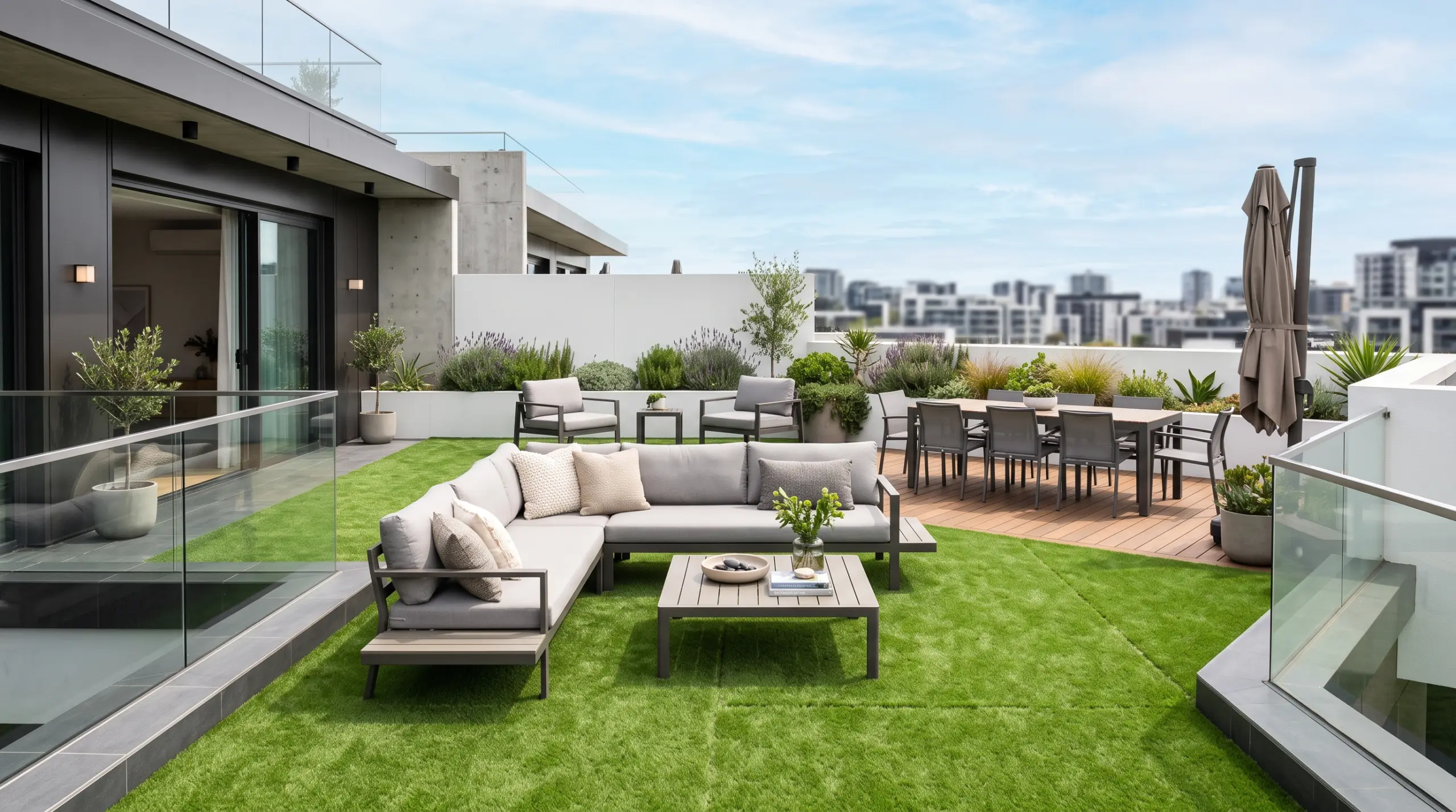 Modern outdoor seating area with artificial grass and custom furniture in Dubai villa