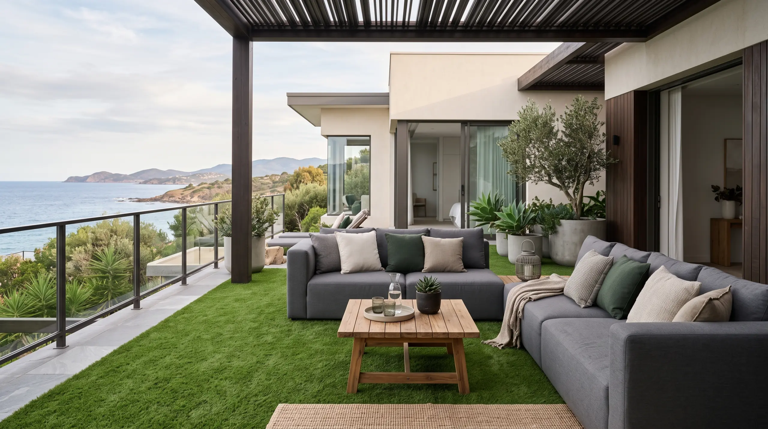 Outdoor furniture design with artificial grass in modern Dubai villa terrace