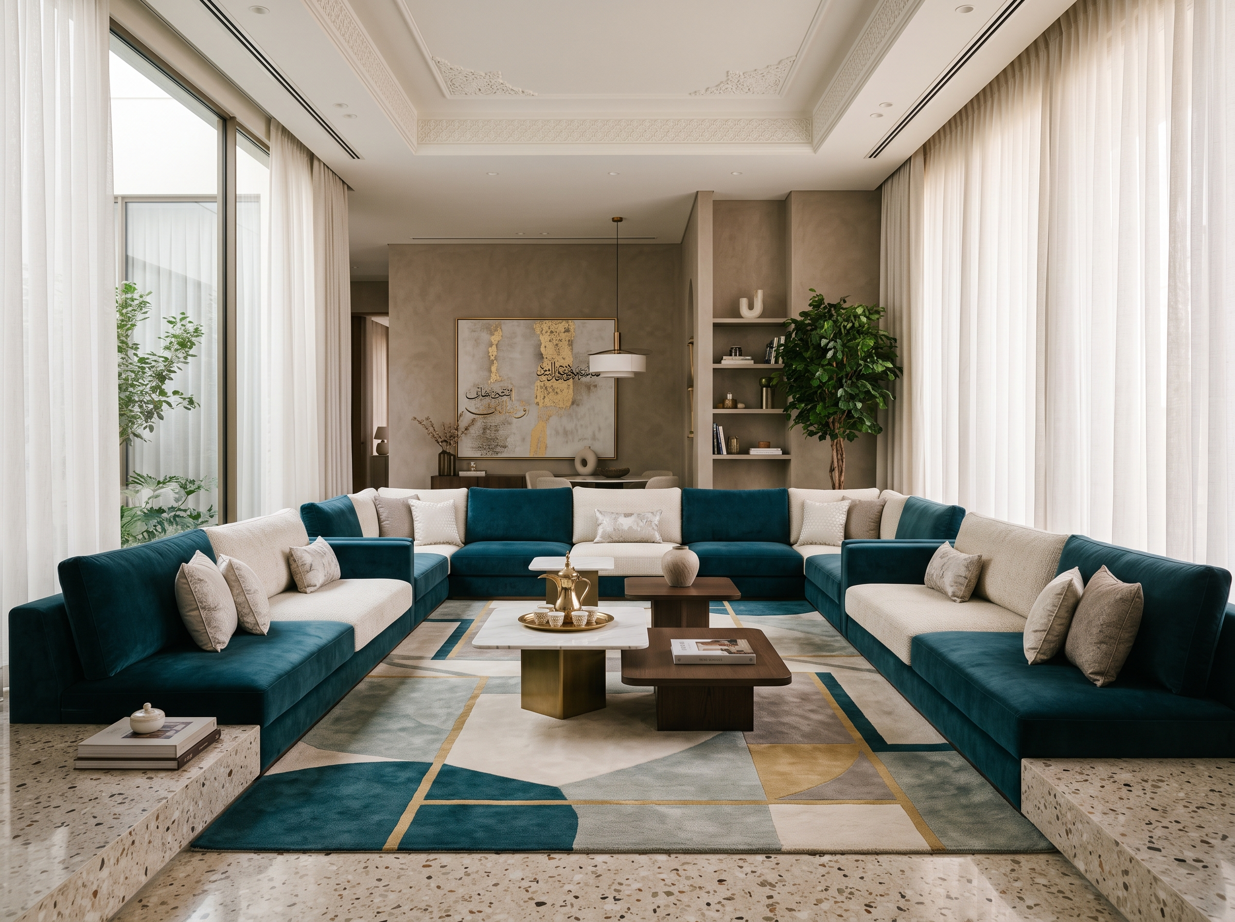 Custom majlis seating Dubai U-shaped floor arrangement