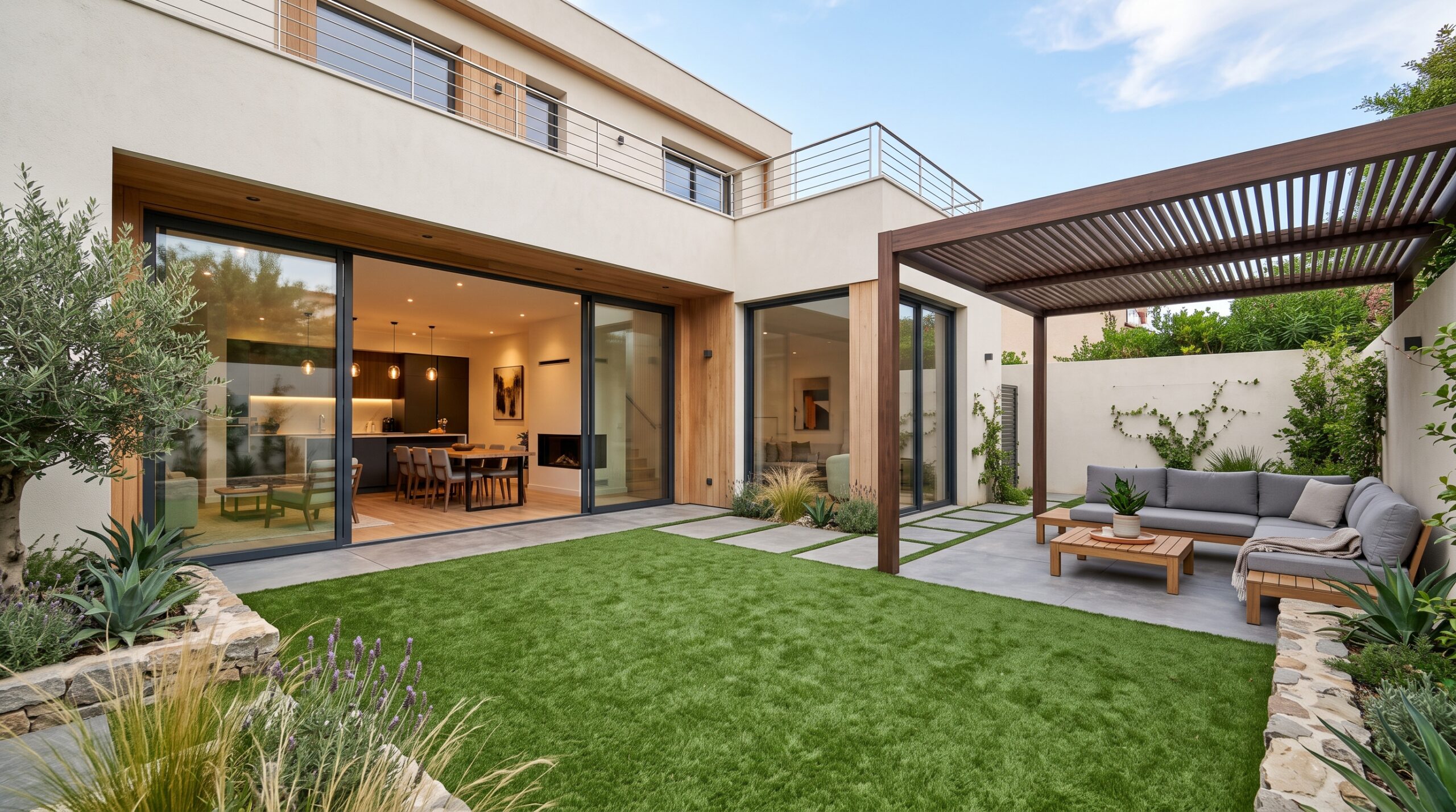Villa renovation Dubai with artificial grass and modern outdoor living area